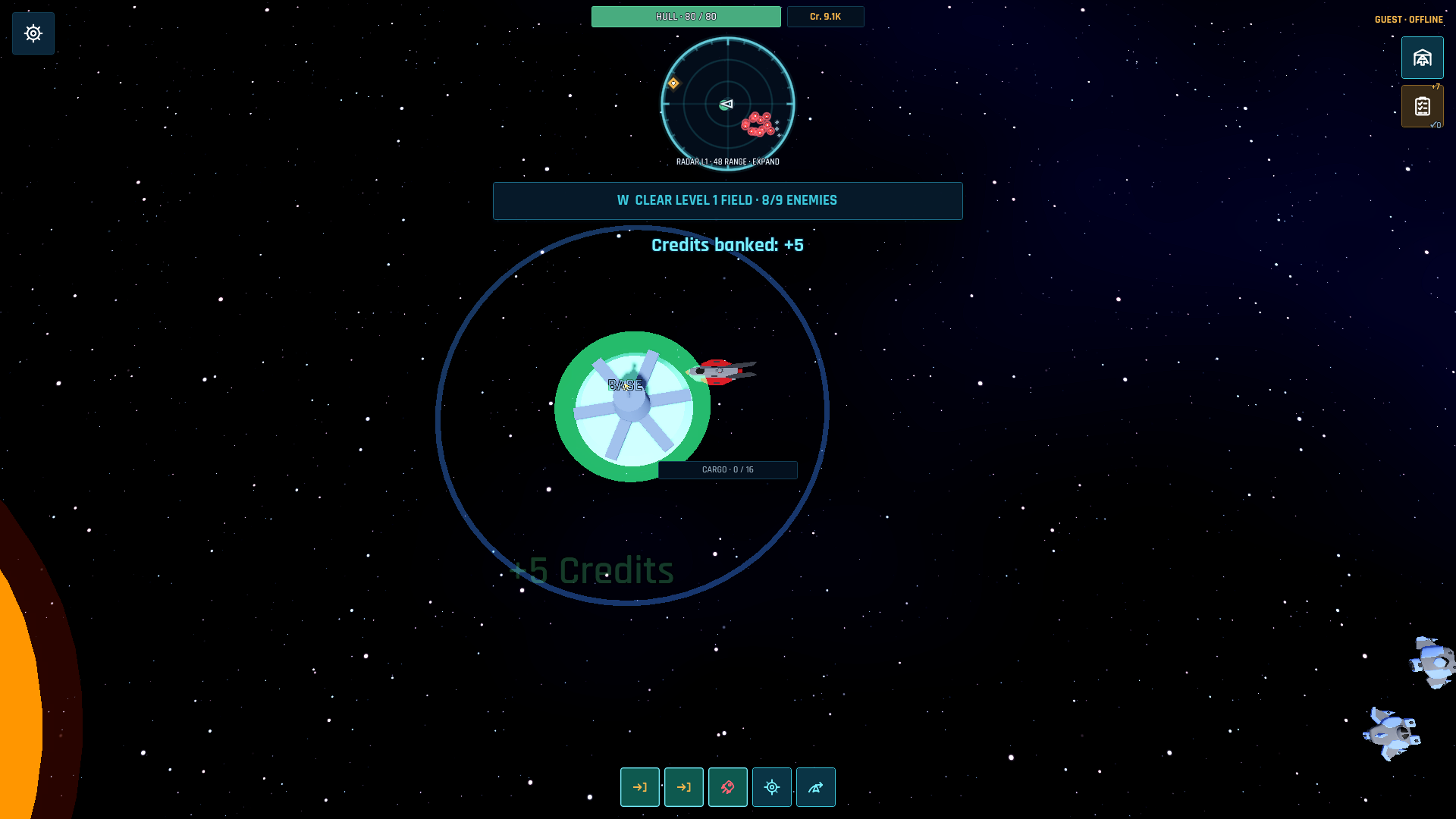 The player ship returning to the moving home base to bank cargo and repair