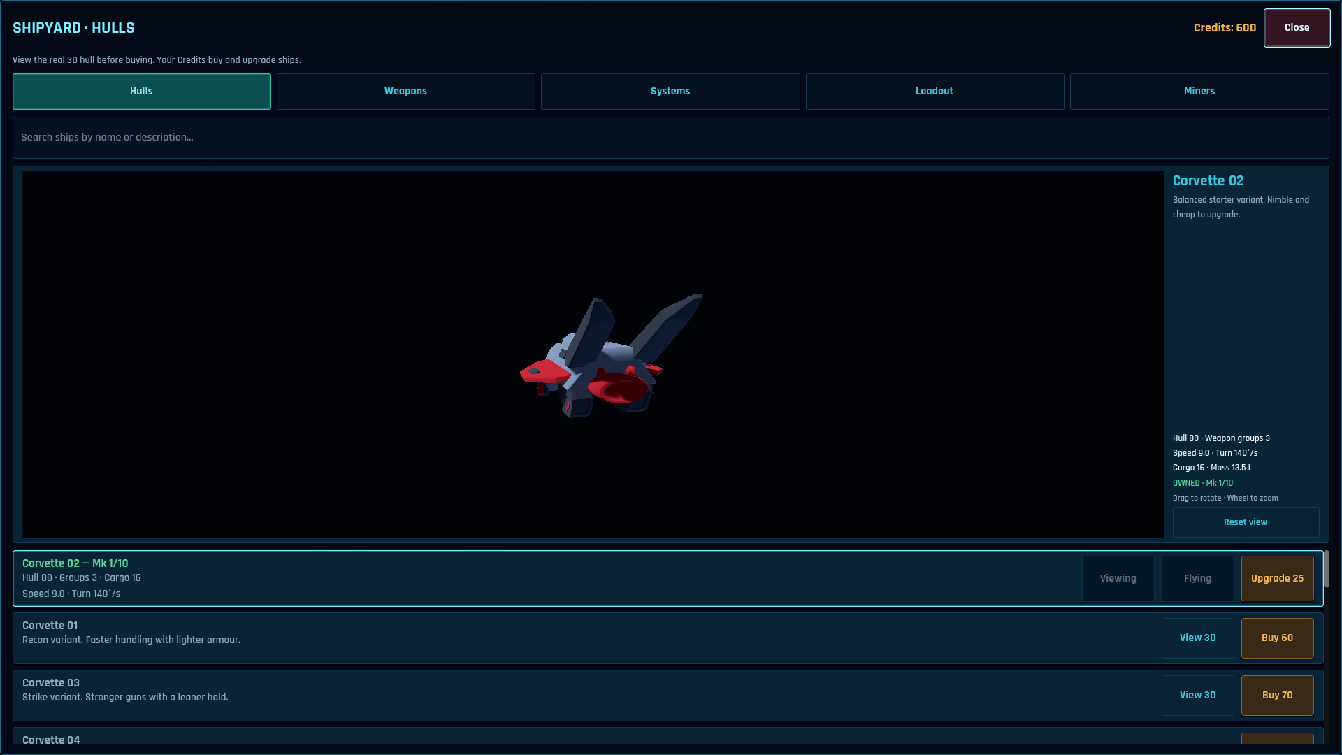 The current shipyard showing hull progression and upgrade choices
